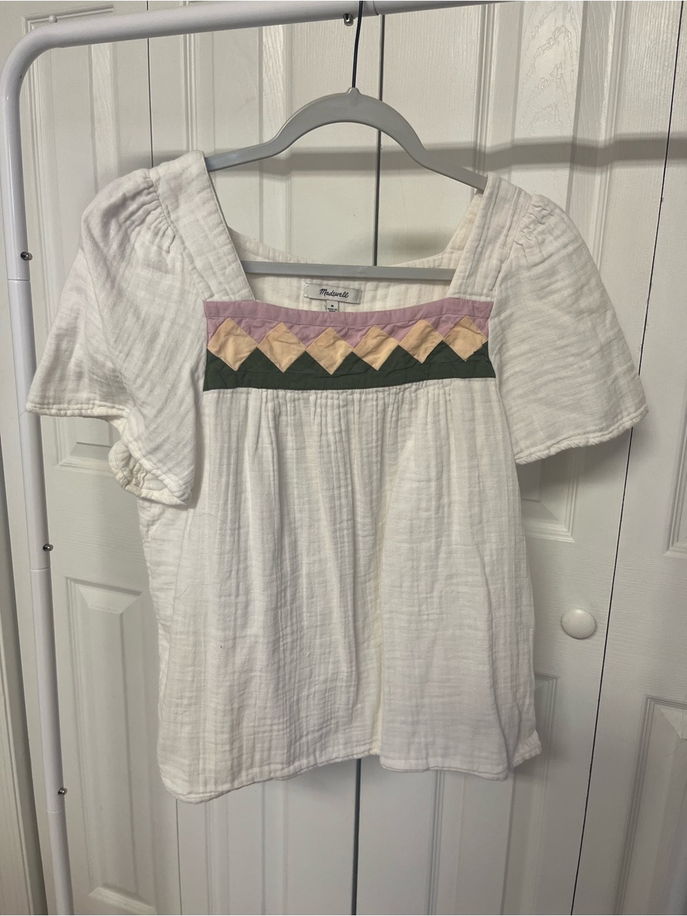 Madewell White Cotton Square-Neck Peasant Top with Pastel Trim